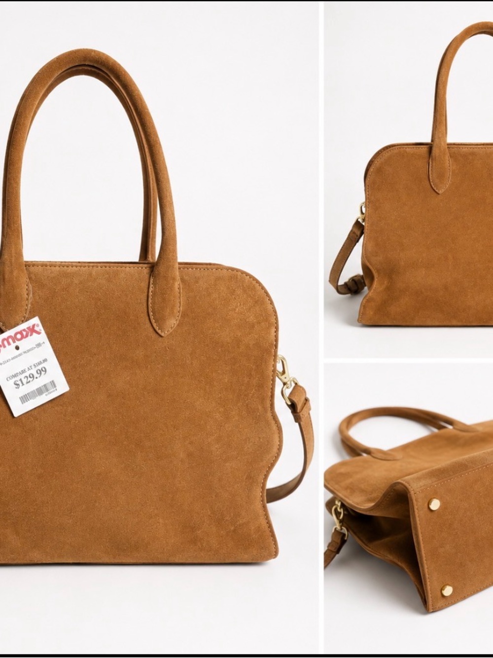 Suede Scalloped Top-Handle Tote in Camel